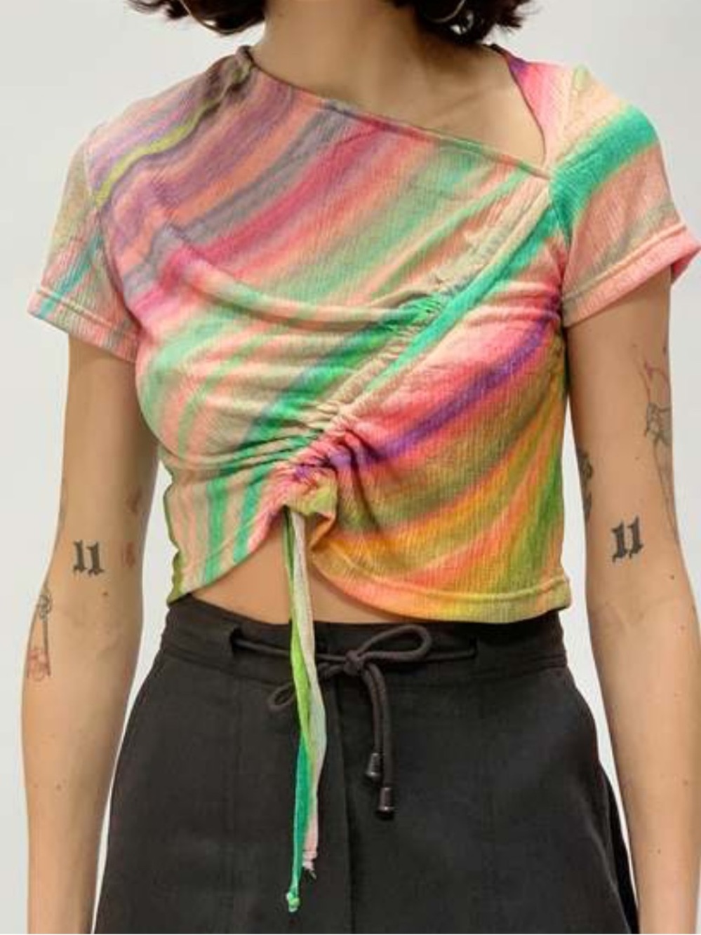 Tach Clothing Clarissa Top featuring a colorful, diagonal rainbow tie-dye L